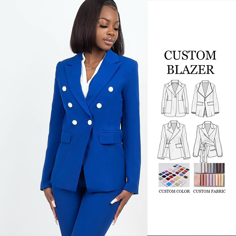 OEM Manufacturers Blue Women's Blazer Pant Suit with Double Breasted Buttons Women's Workwear Perfection Tailored Suit Attire