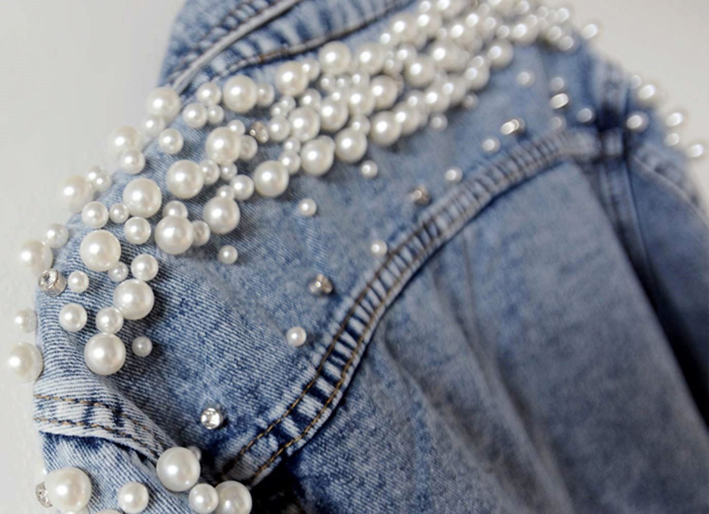 Hiking Women's Embroidered Rivet Pearl Short Denim Jacket Coat Pearls Beading Denim Jackets Loose Short Jean Coat Outerwear