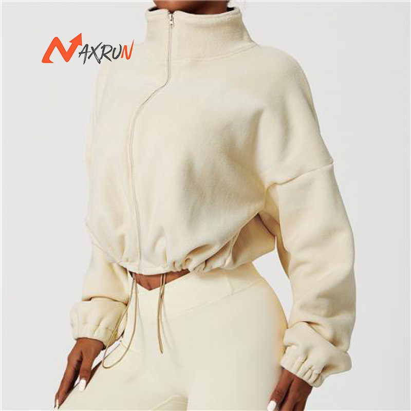 Custom Women's Navy Cropped Zipper Drawstring Hoodie Sexy Blank Fleece Essentials For OEM Yoga Sports Workout Woven Sweatshirts