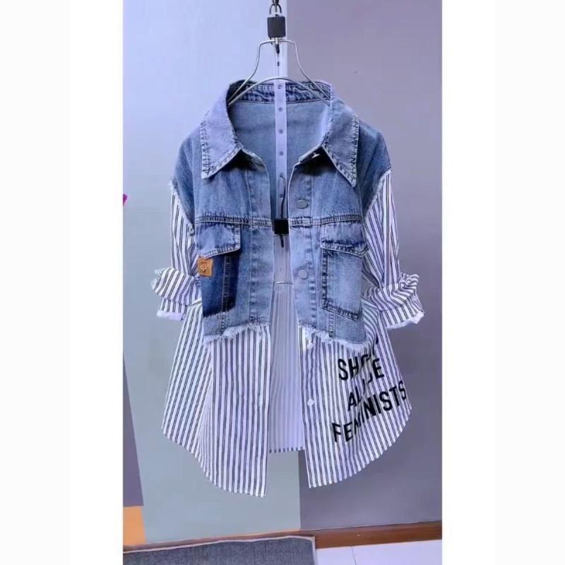 2026 New Style Denim Two-Piece Shirt with Stripes and Letter Design for Women - Trendy Long-Sleeved Outerwear Shirt