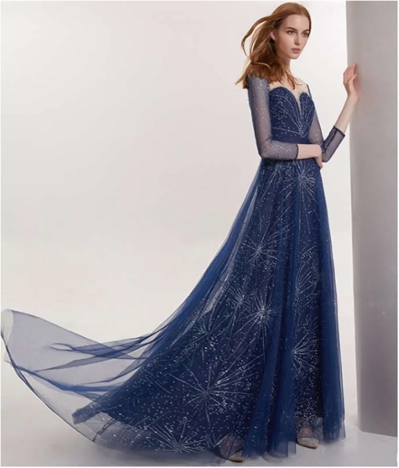 2020 Women's Fashion Temperament Celebrities Long Sequins Long-Sleeve Evening Wear