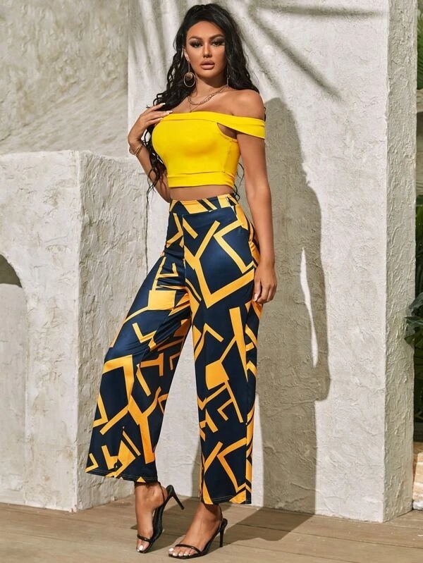 KY Woman Summer Outfits Wear Ladies Off the Shoulder Crop Tops 2022 &amp; Geometric Print Pants