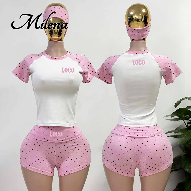 Custom logo Polka Dot Two Piece Set Y2k Women Clothing Cotton Short Sleeve t Shirt with Fold Over Shorts Women's Loungewear Set