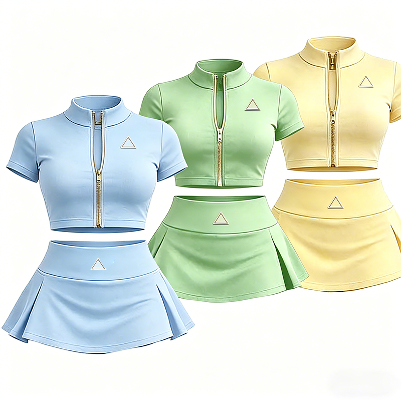 Custom Logo Women's Fashion Two Piece Set Color Zipper Outfits High Quality Activewear Skinny Clothing Mini Skirts Tracksuit Set