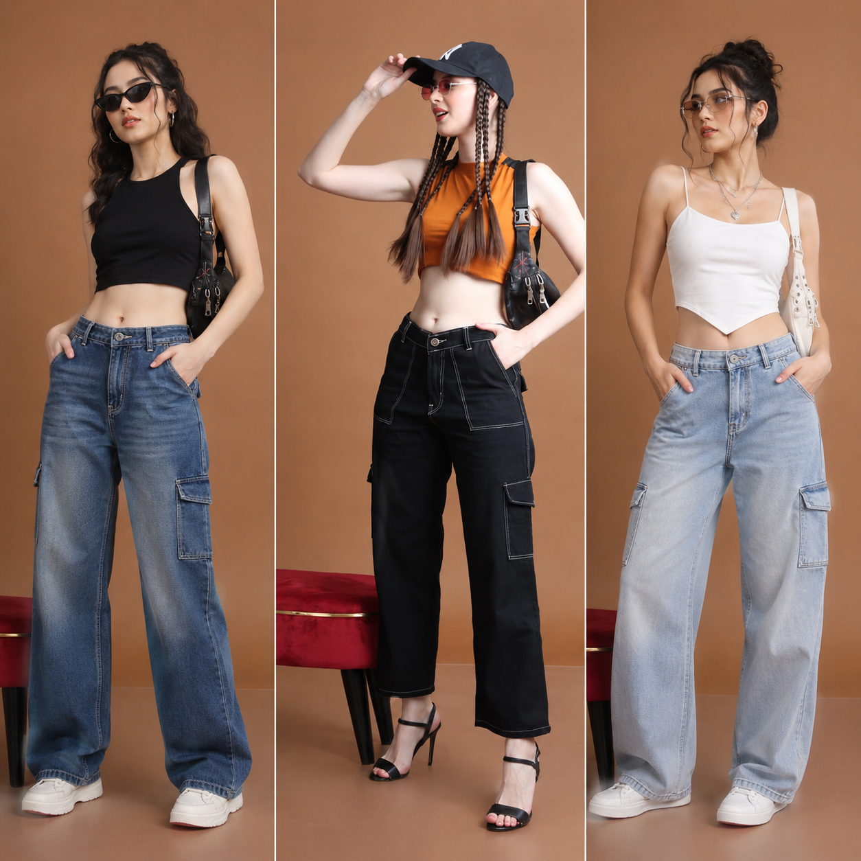Women's High Waist Cargo Jeans Denim Loose Fit Full Length Stonewashed Solid Color Bangladesh Global Stock Apparels Bulk Sale