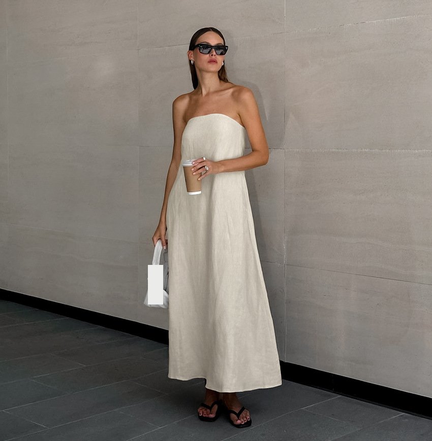 Enyami Cozy Holiday Summer Beach Resort New Style Khaki Cotton Linen Strapless Loose Long Dress Women With Pockets