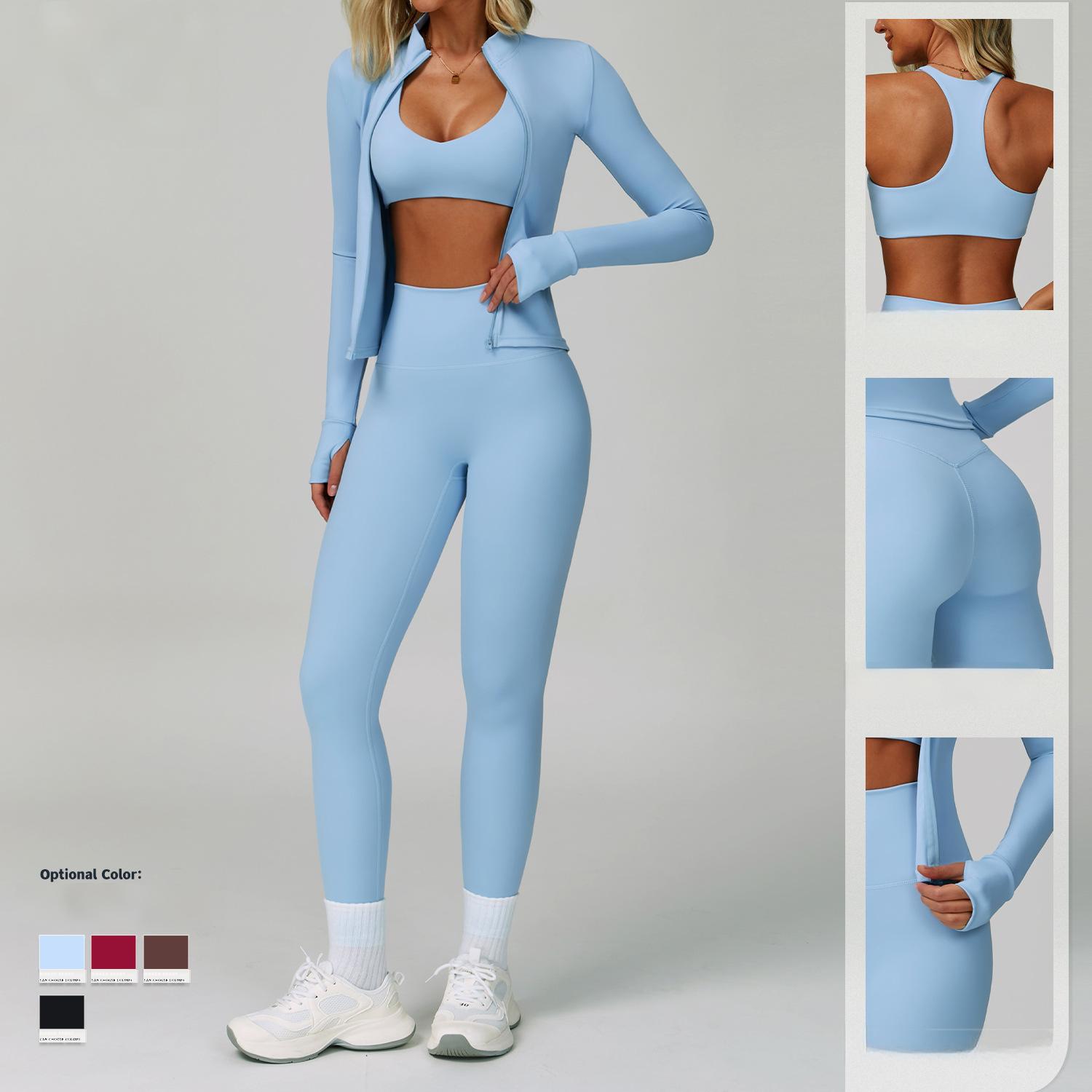 Naked Feel Open Back Quick Dry 3 Piece Yoga Set Women Slim Fit Outdoor Running Fitness Workout Gym Wear Sportswear