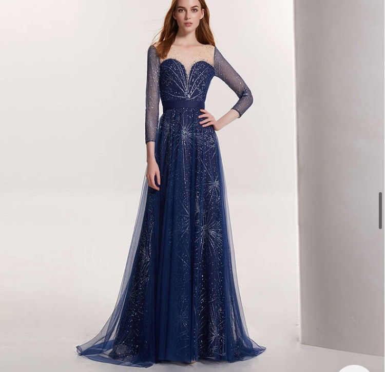 2020 Women's Fashion Temperament Celebrities Long Sequins Long-Sleeve Evening Wear