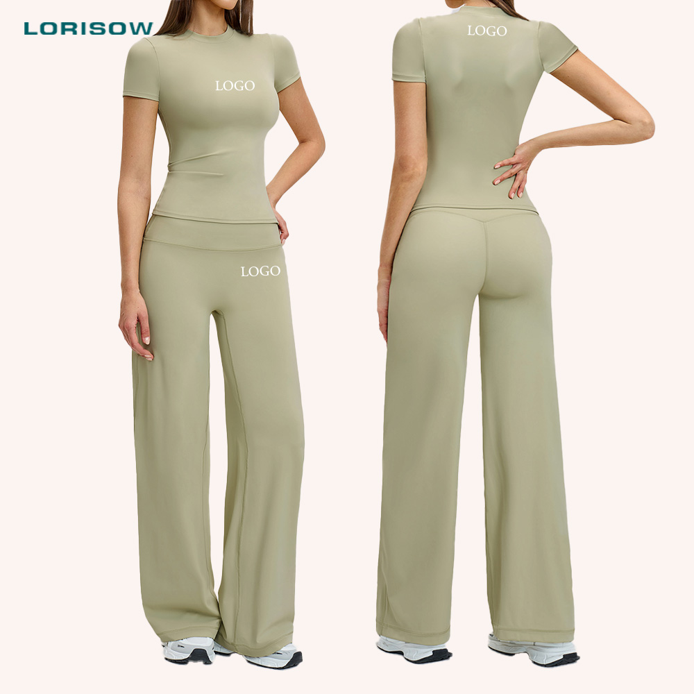 LORISOW Women Sportswear Gym Fitness Set Breathable Gym Clothes Short Sleeve Top Yoga Flare Pants Fitness 2 Pcs Yoga Set