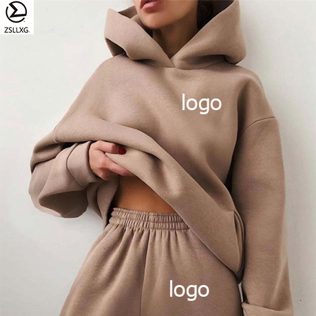 Unisex Customizable Sportswear Warm Solid Color Fleece Sweatshirt Women'S Sports Yoga Hoodie Trousers Two-Piece Suit