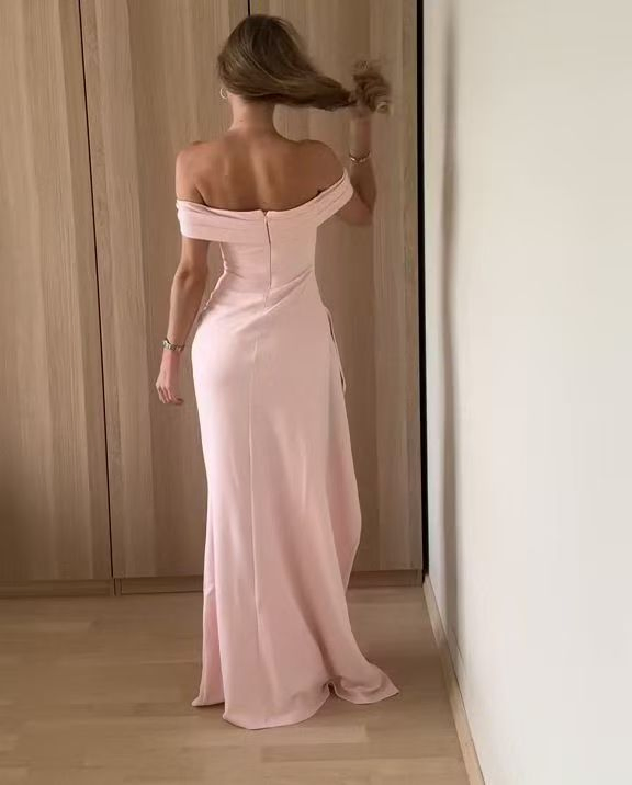 Ladies' Satin Split-Dress Exquisite-One-Shoulder Long Dress Solid Color Evening Dress Women's Wear