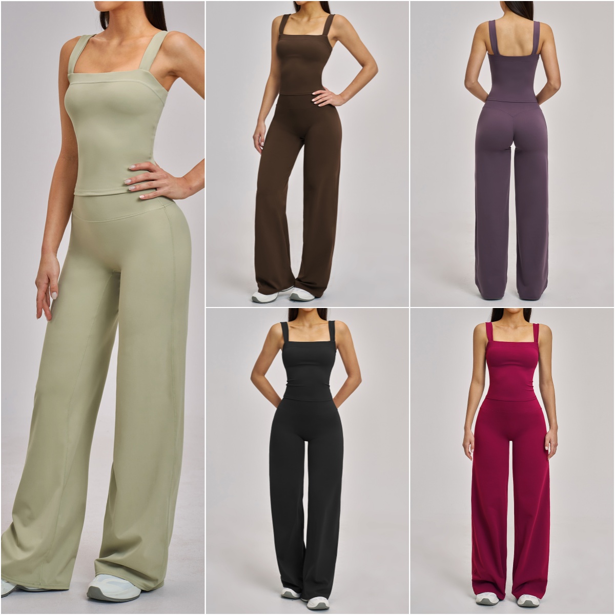 Women Yoga Set Custom LOGO Breathable Gym Tan Top Elastic High Waist Wide Leg Workout Pants Lightweight 2 Piece Women Activewear