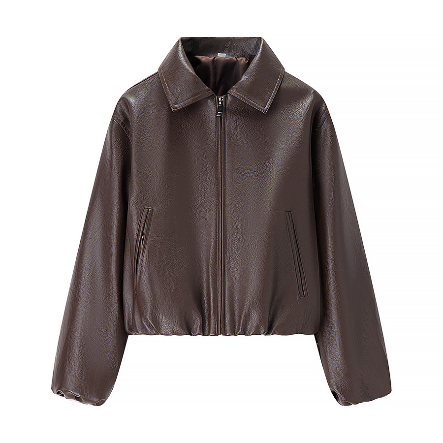 ZXPFSL Women's Cropped Faux Leather Jacket Turn-Down Collar Zip up Bomber Jacket Vintage Streetwear Outerwear for Fall Winter