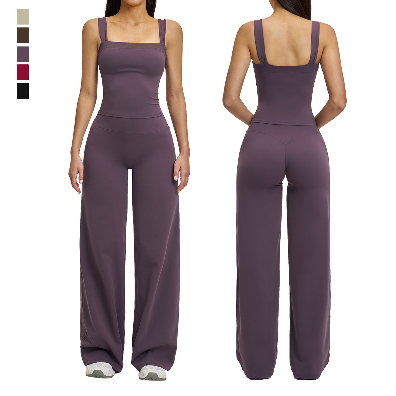 Women Yoga Set Custom LOGO Breathable Gym Tan Top Elastic High Waist Wide Leg Workout Pants Lightweight 2 Piece Women Activewear