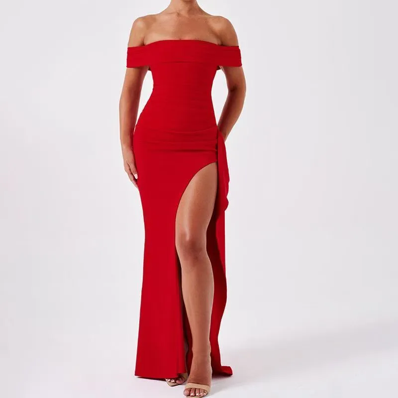 Ladies' Satin Split-Dress Exquisite-One-Shoulder Long Dress Solid Color Evening Dress Women's Wear
