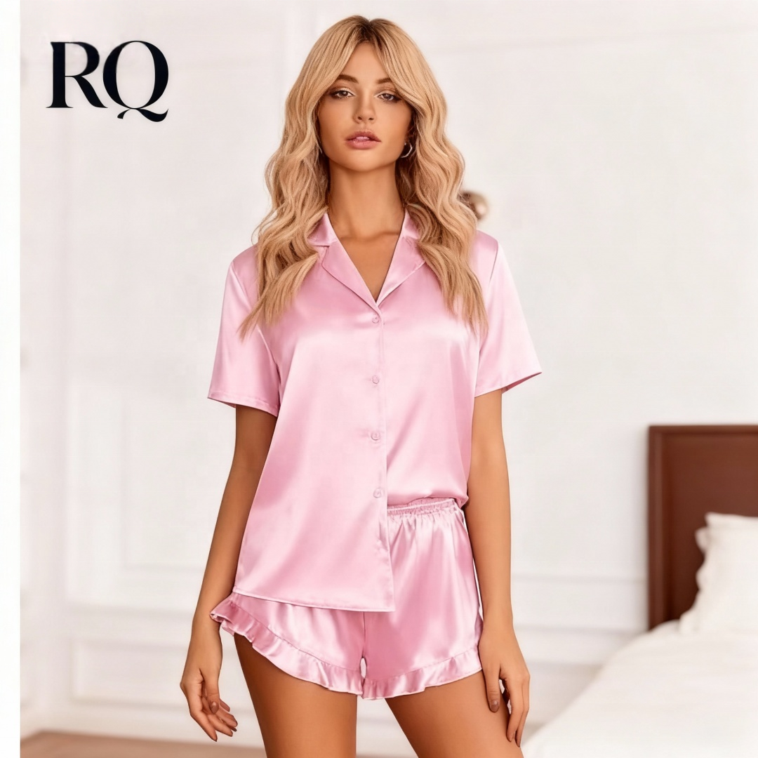 RQ Women's Satin Knitted Polyester Spandex V-Neck Short Sleeve Print Pajamas Set Breathable Quick Dry Casual 2-Piece OEM