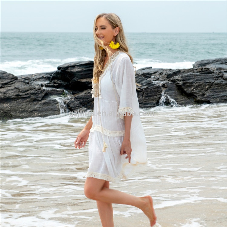 Jinru Factory Women's White Dresses Holiday Lady Beach Wear Cover up Casual Bikini Beachwear Swimwear