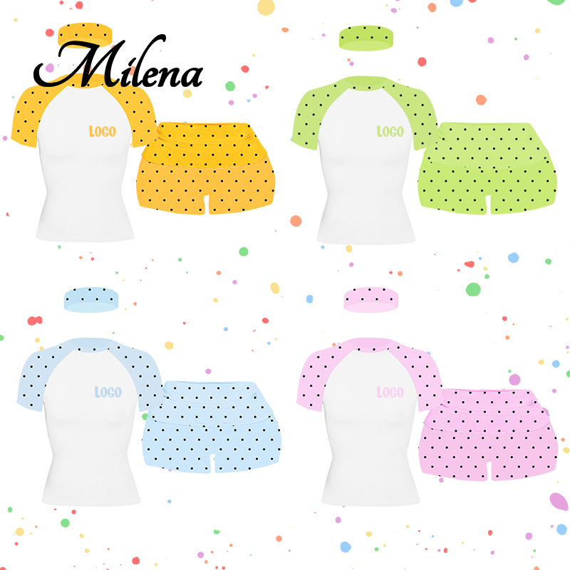 Custom logo Polka Dot Two Piece Set Y2k Women Clothing Cotton Short Sleeve t Shirt with Fold Over Shorts Women's Loungewear Set
