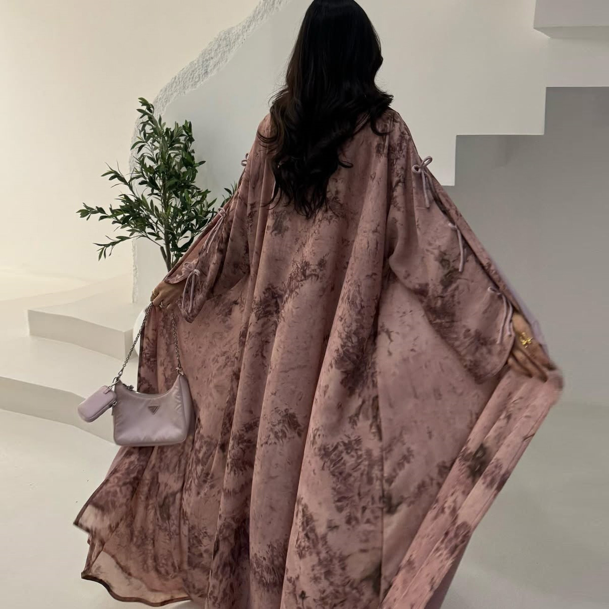 High Quality Elegant Modest Fashion Women's Muslim Polyester Chiffon Print Two-piece Summer Casual Set with Hood