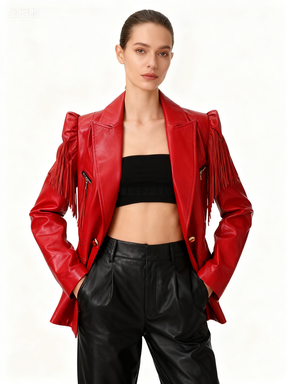 Women's Leather Coat with Back Fringe Detail 1