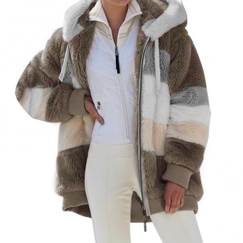 Winter Women Plush Jacket Zipper Hooded Loose Top Overoat Fashion Warm Clothes