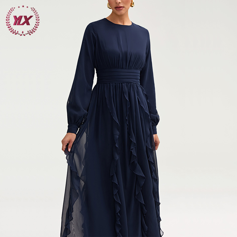 Fashion Casual Women's Modest Dress Street Wear Long Gathered Sleeve Layered Ruffle Maxi with Cinched Pleated Waist