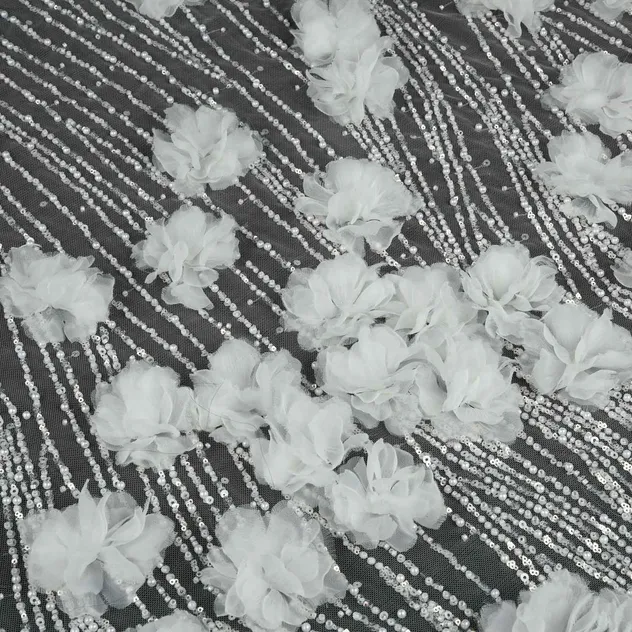 Top Quality 3D Embroidered Lace Fabric with Sequins for Evening Wear