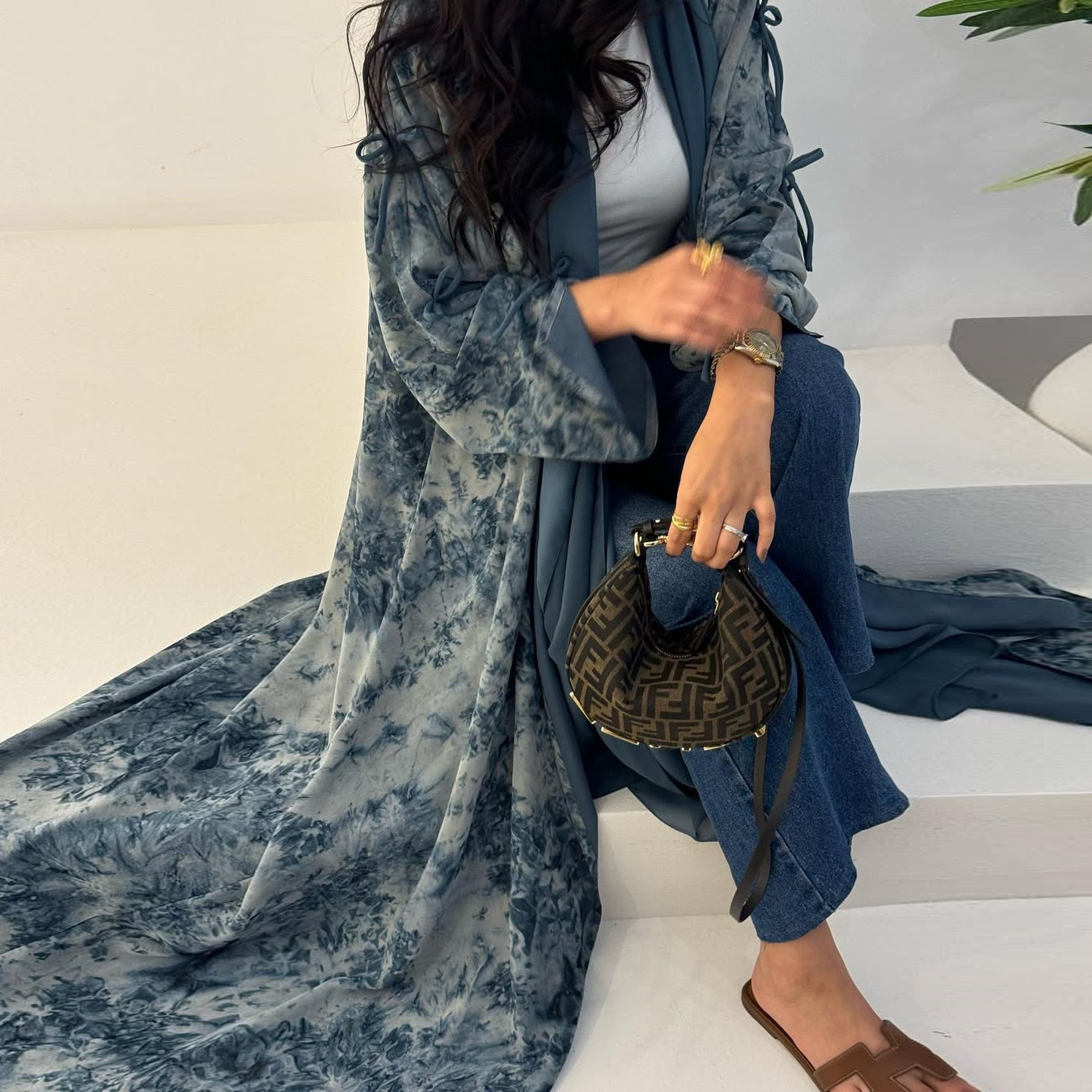 High Quality Elegant Modest Fashion Women's Muslim Polyester Chiffon Print Two-piece Summer Casual Set with Hood