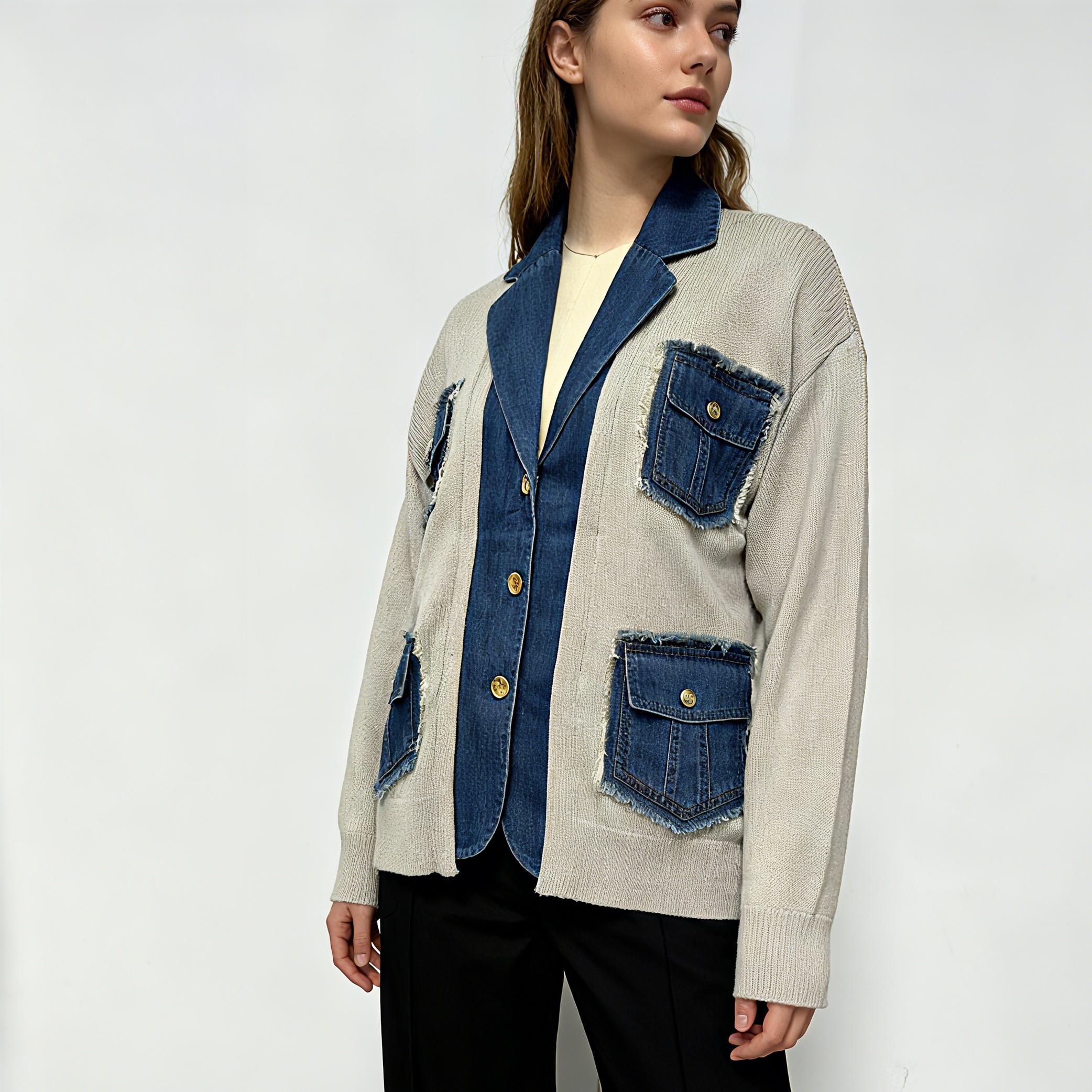 Denim Patchwork Knitted Cardigan With Blazer Collar Women's Coat Autumn Winter Fashion Statement Outerwear