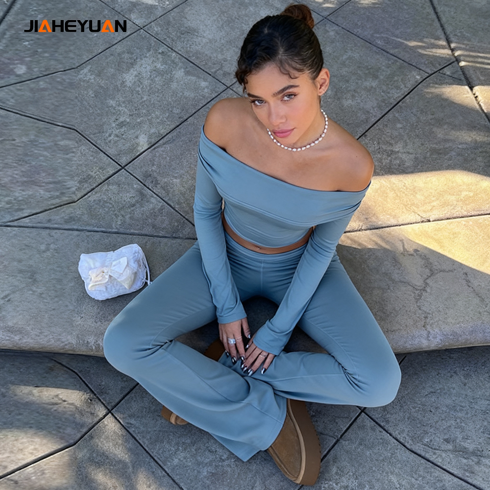 Women Short Long Sleeve Ruched off Shoulder Vest Top Outfits Workout Fitness Custom Mid Waist Flared Pants 2 Piece Set Quick Dry