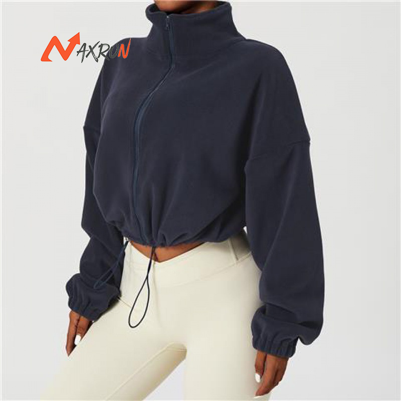 Custom Women's Navy Cropped Zipper Drawstring Hoodie Sexy Blank Fleece Essentials For OEM Yoga Sports Workout Woven Sweatshirts