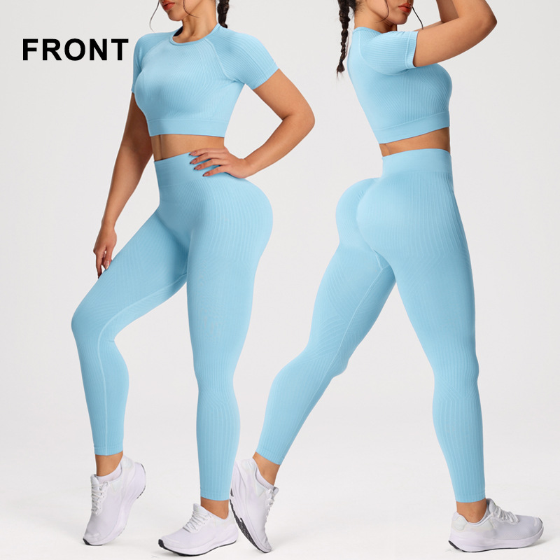 High Waist Female Gym Outfit Scrunch Butt Leggings Tight Bra Tee Active Wear Crossfit Training Clothes Athleisure