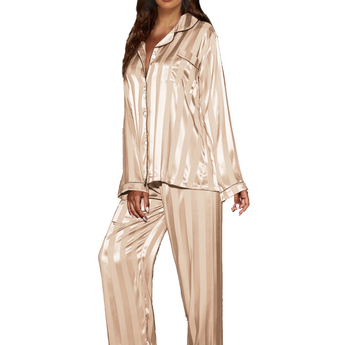 Hot Sale Satin Jacquard Stripe Open Front Cozy Home Wear Womens Loungewear Pajama Set