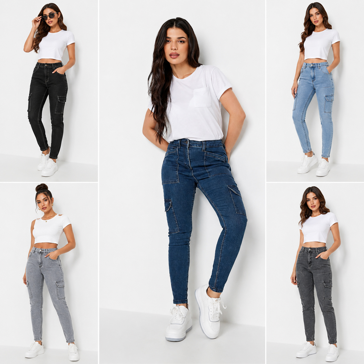 Women's High Waist Cargo Jeans Denim Loose Fit Full Length Stonewashed Solid Color Bangladesh Global Stock Apparels Bulk Sale