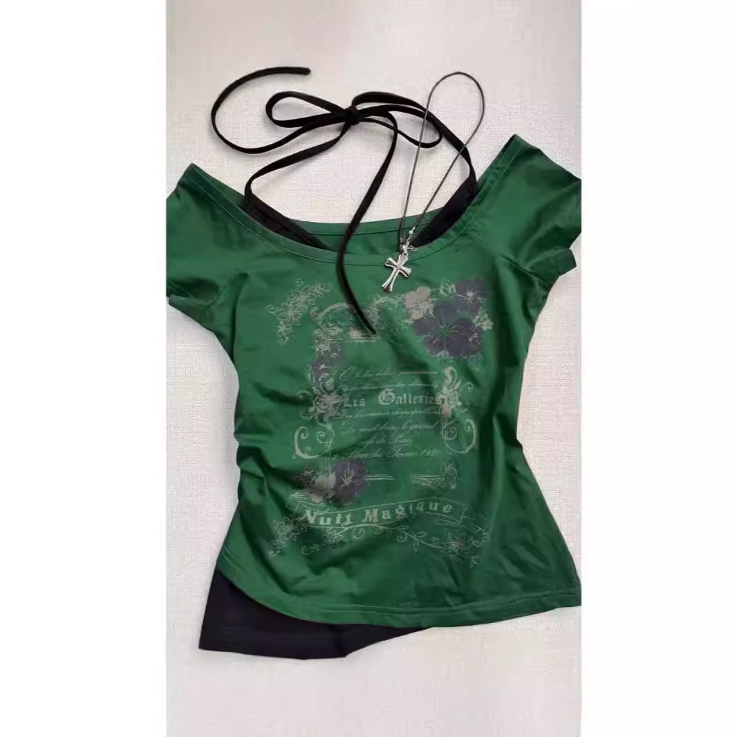 Women's Slim Fit Vintage 2-in-1 Floral &amp; Letter Print Halter Crop Top Y2K Casual Summer Top for Daily Wear