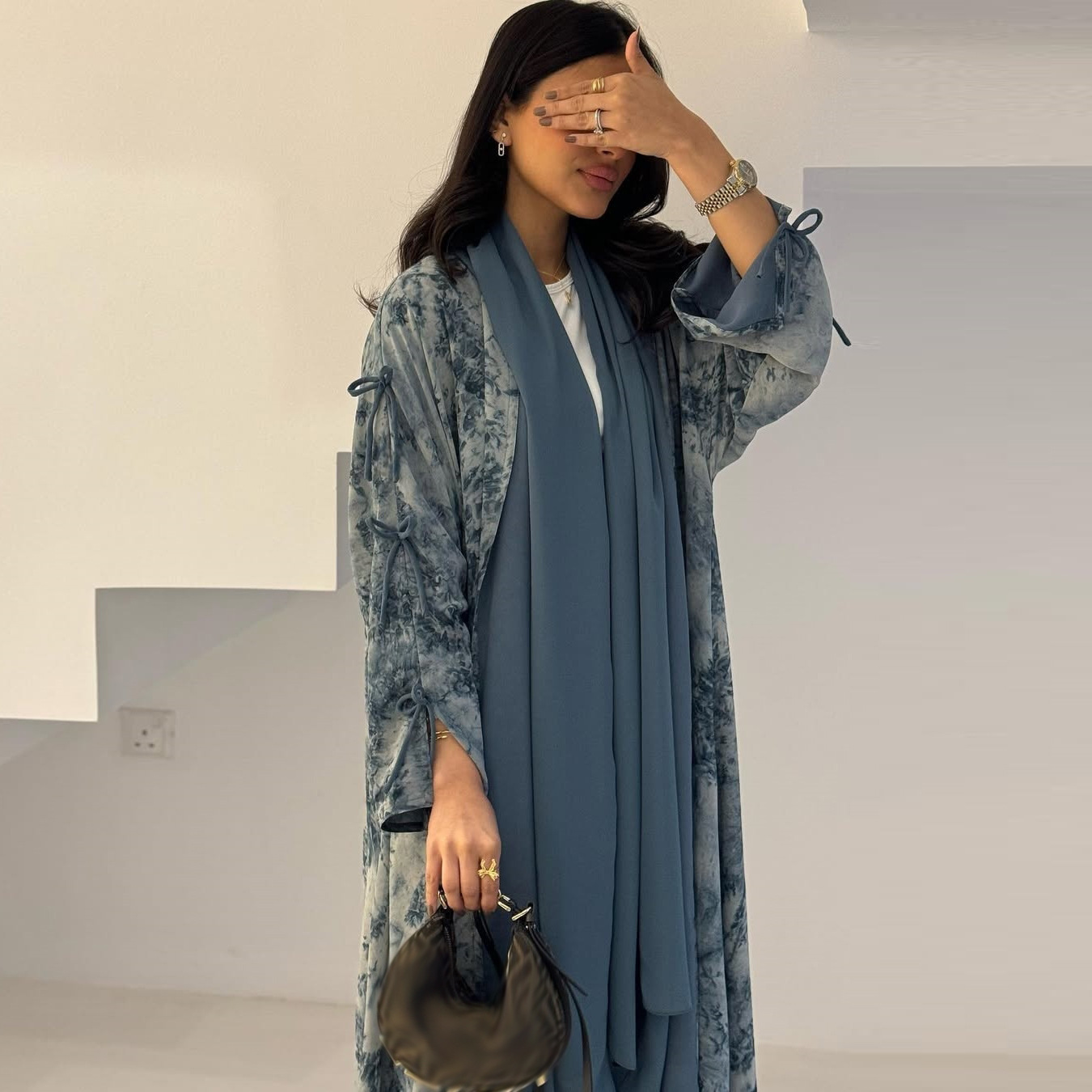 High Quality Elegant Modest Fashion Women's Muslim Polyester Chiffon Print Two-piece Summer Casual Set with Hood