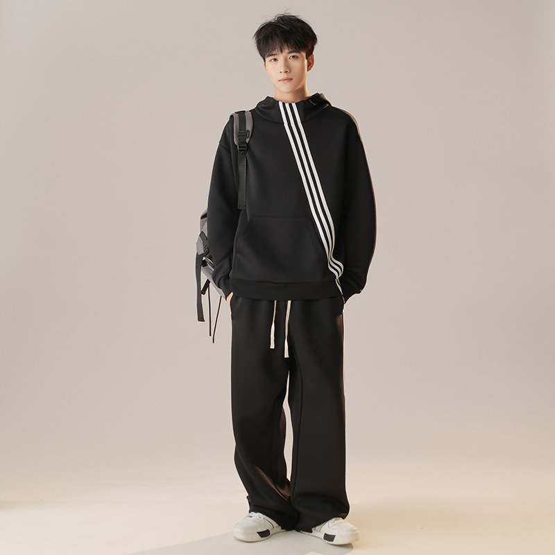 Autumn Couple Casual Loose Striped Hooded Sweater 2-Piece Set High Quality 420G Long Sleeve Polyester Cotton Blend