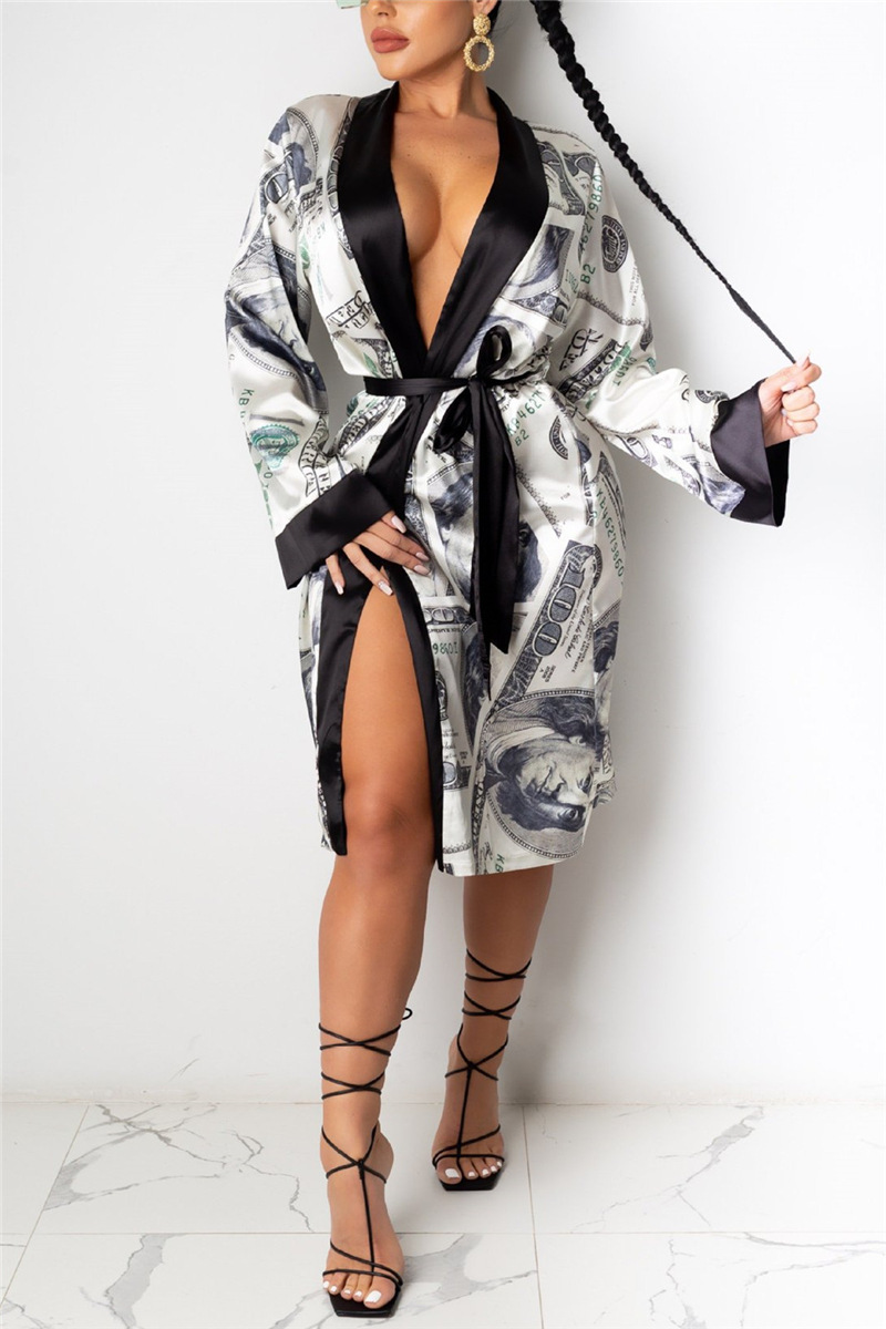 Quality Money Print Silk Luxury Pajama Bathrobe Home Clothes Satin Silk Robe Woman Sleepwear Designer Women Robe