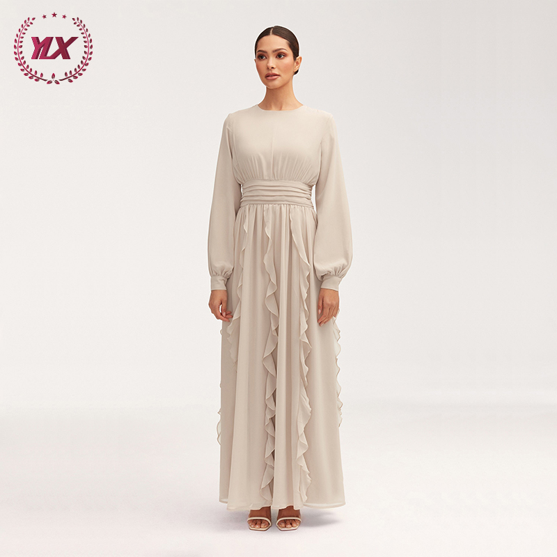 Fashion Casual Women's Modest Dress Street Wear Long Gathered Sleeve Layered Ruffle Maxi with Cinched Pleated Waist