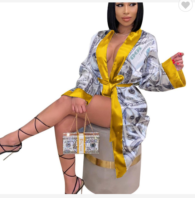 Quality Money Print Silk Luxury Pajama Bathrobe Home Clothes Satin Silk Robe Woman Sleepwear Designer Women Robe