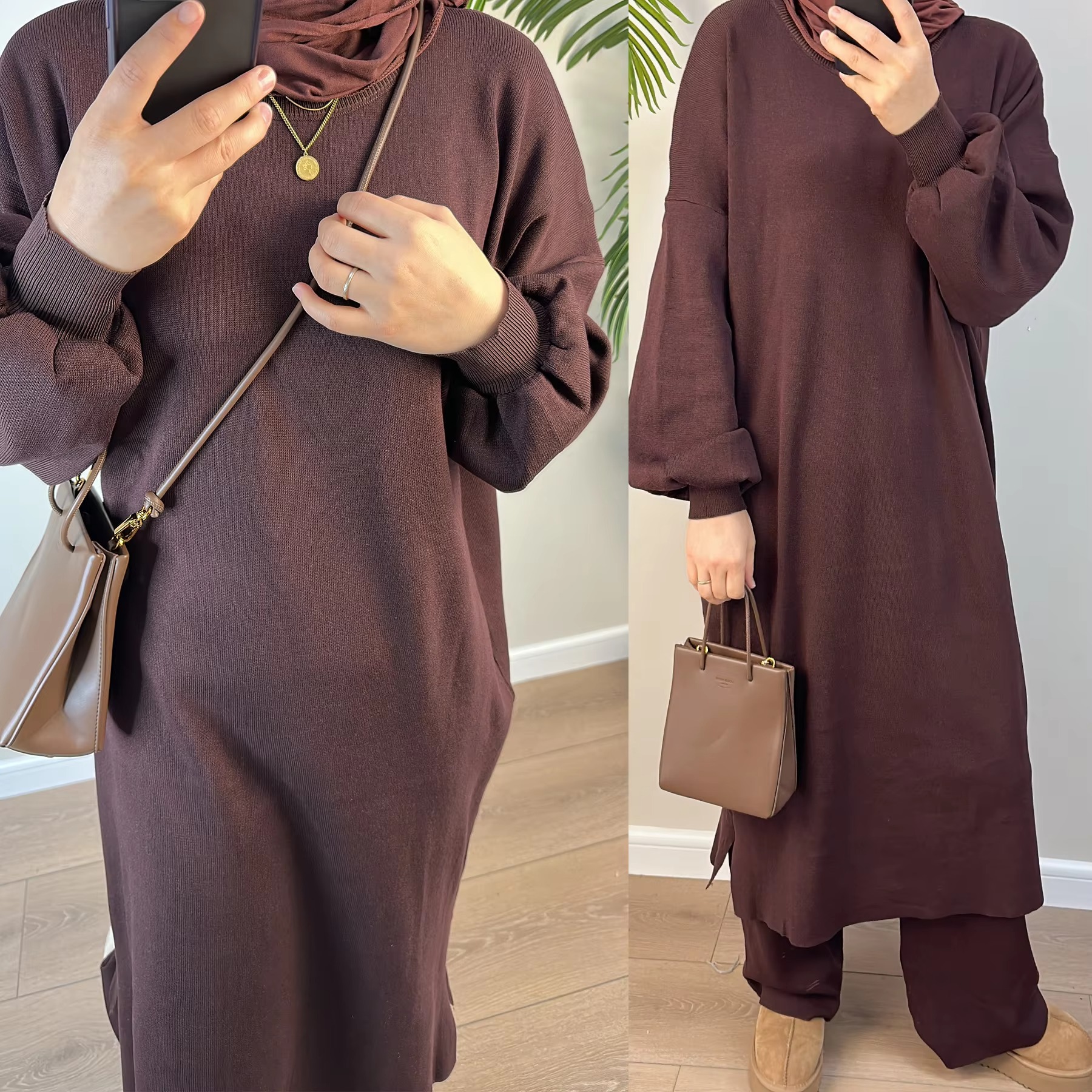 RO386C Modest Fashion Women's Winter Set Islamic Abaya Jumper and Pants Knit Dress Clothing for Women
