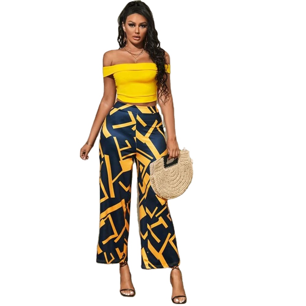 KY Woman Summer Outfits Wear Ladies Off the Shoulder Crop Tops 2022 &amp; Geometric Print Pants