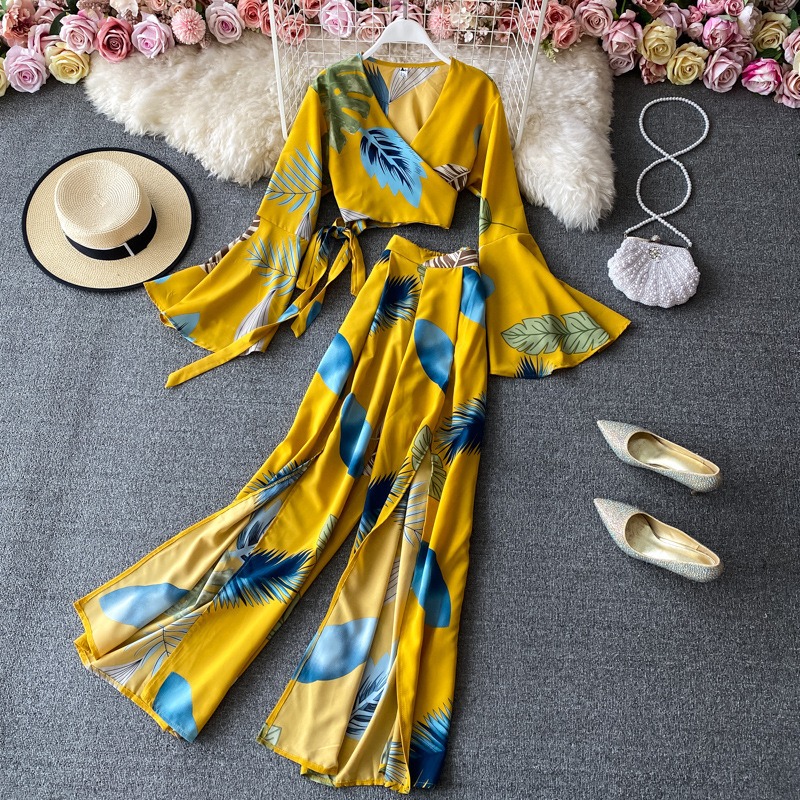 2024 New Women's Printed Suit Casual Loose Comfortable Beach Resort Style Trouser Set