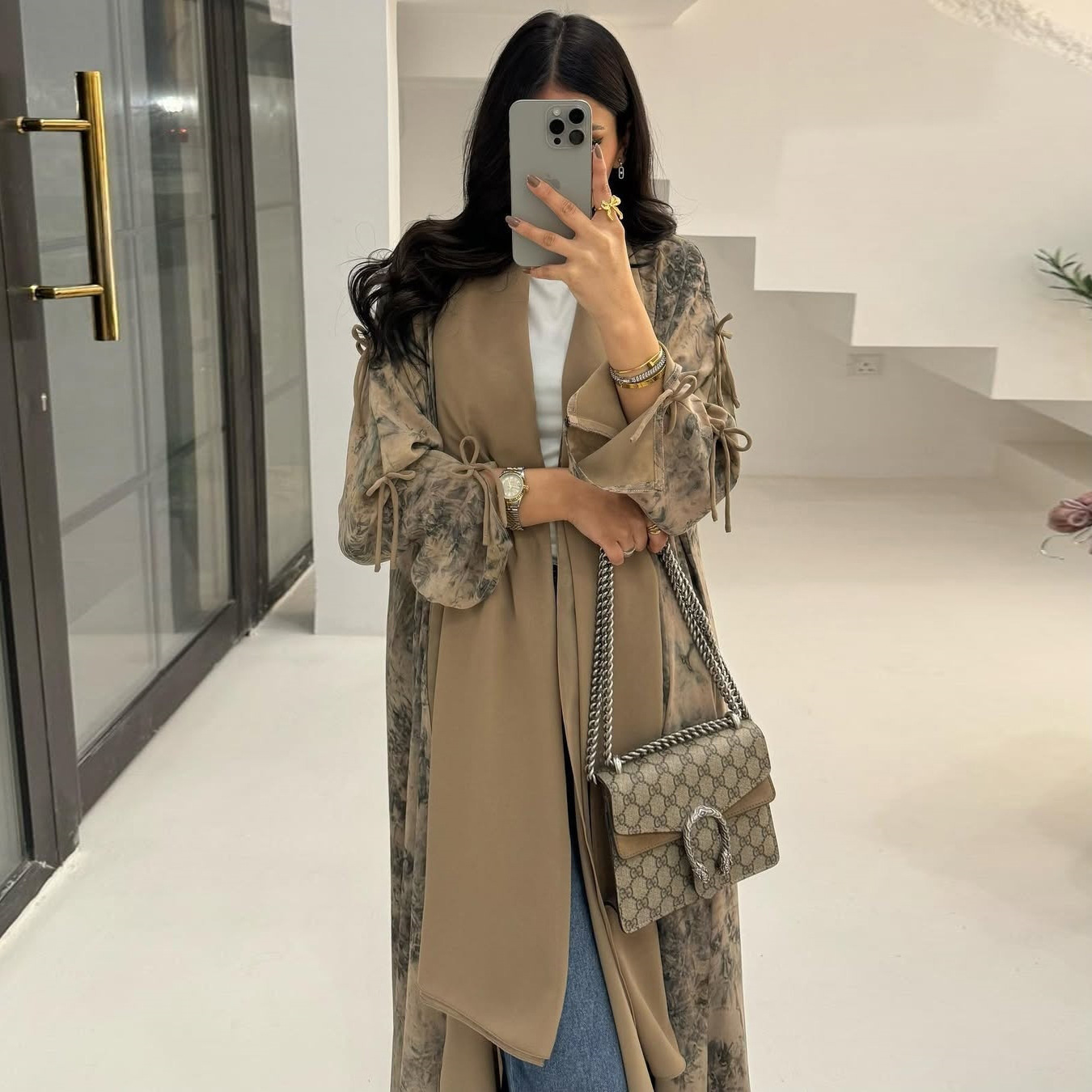 High Quality Elegant Modest Fashion Women's Muslim Polyester Chiffon Print Two-piece Summer Casual Set with Hood