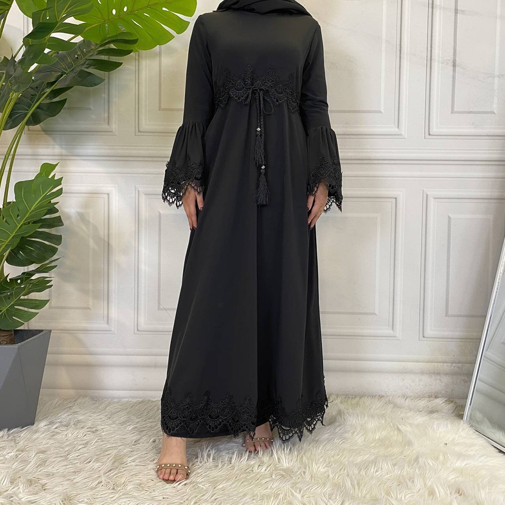 S0086 Fashion Women's Lace Patchwork Lacing Abaya Modest Khamis Arab Islamic Clothing Dress for Women