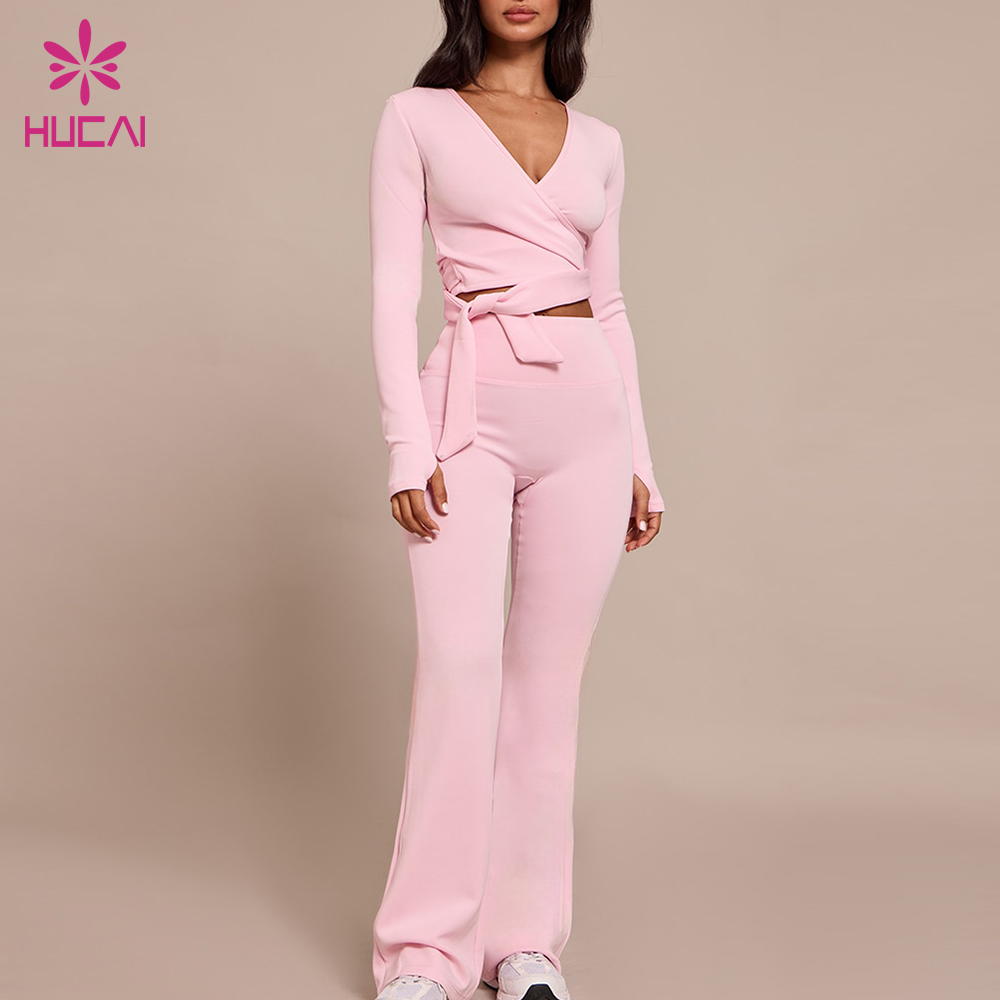 OEM HUCAI Custom Spandex Stretchy Deep V Neck Long Sleeve Women Ballet Pilates Soft Cotton Wrap Front Yoga Top
