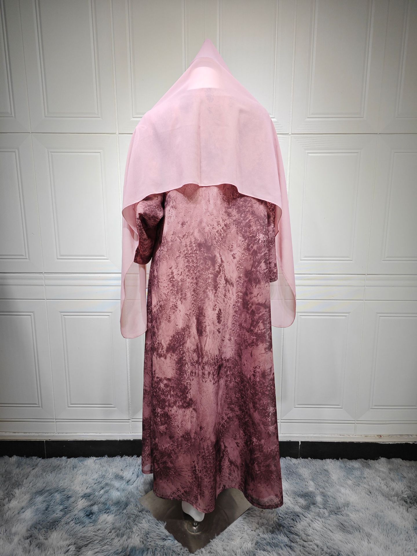 High Quality Elegant Modest Fashion Women's Muslim Polyester Chiffon Print Two-piece Summer Casual Set with Hood