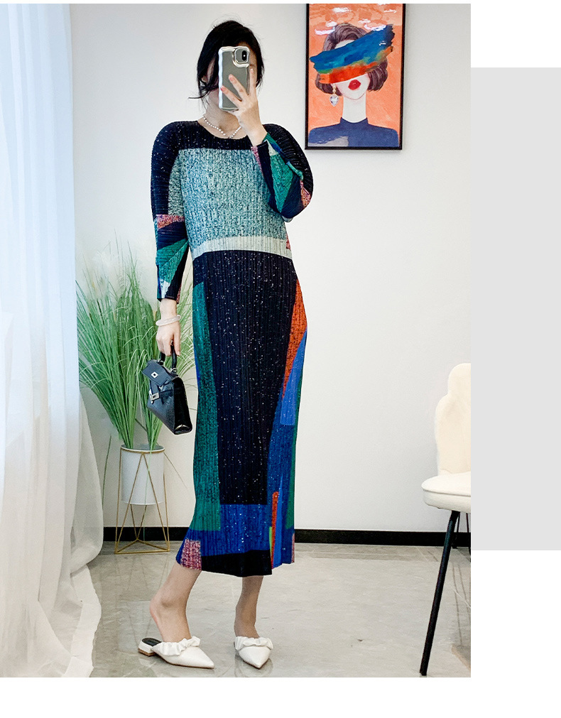 Modest Pleated Dress Women's Fashion Printed Lantern Sleeves Loose Large Size Pleated Casual Dress for Women