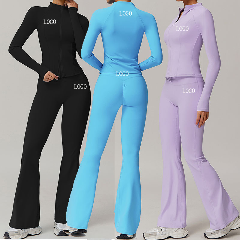 Women's Custom Fitness Yoga Sportswear Set Wholesale Butt Lift Leggings Full Zip Jacket Solid Gym Activewear 2 Pieces Workout