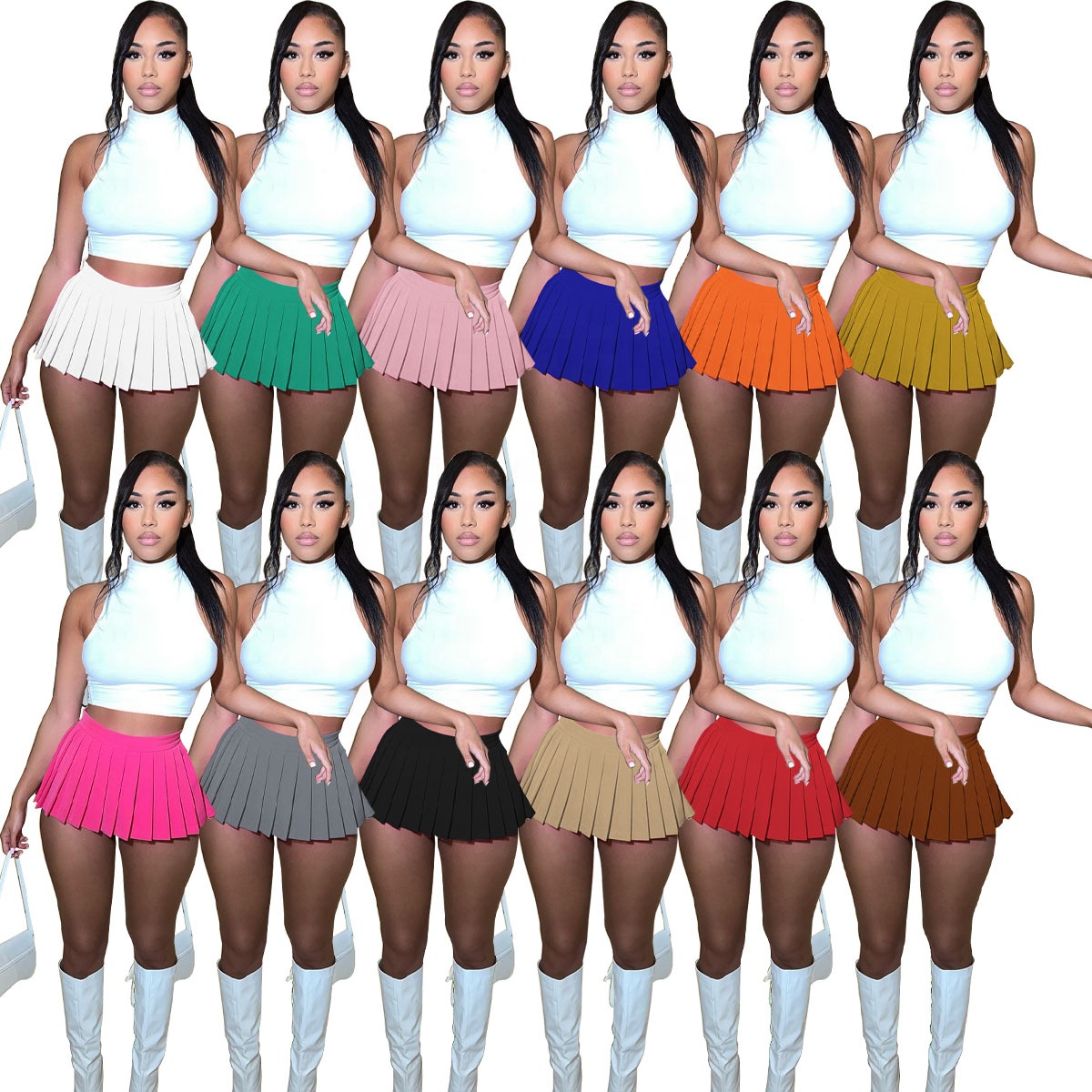 AD1356 Hot Sell New Arrivals Custom Summer Outfit Sleeveless Crop Top Women's Sets T Shirt Pleated Skirt 2 Piece Set Women